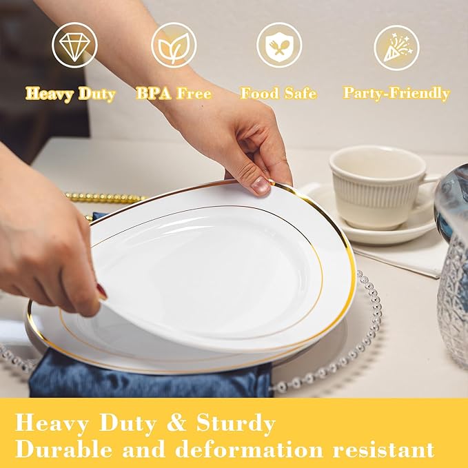N9R 100PCS Gold Plastic Plates, 10.25 inch White Disposable Dinner Plate - Image 3
