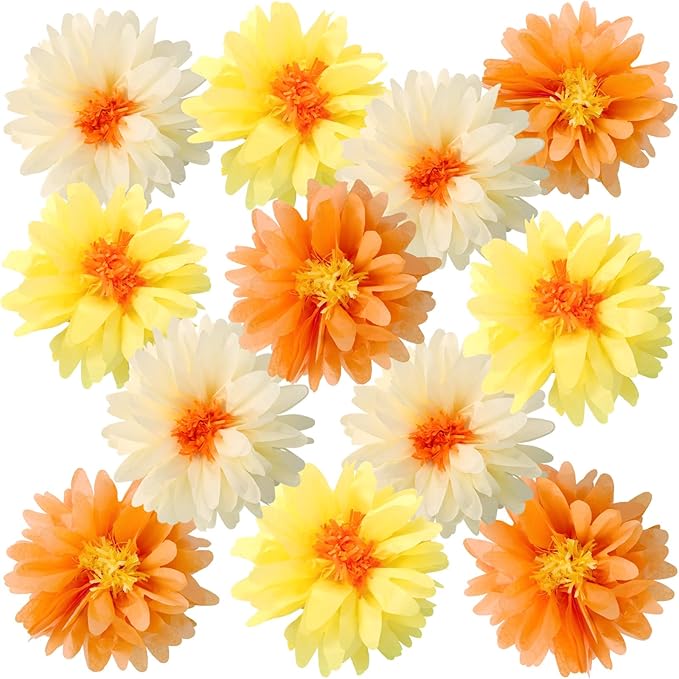 12 Pcs Daisy Tissue Paper Pom Poms Fall Party Decorations Orange Yellow Tissue by BalunAdmhail