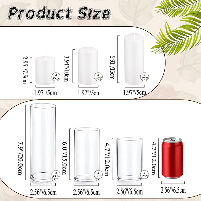 UDU Set of 12 White Pillar Candles and 12 Glass Cylinder Vases Hurricane Holders - Image 2