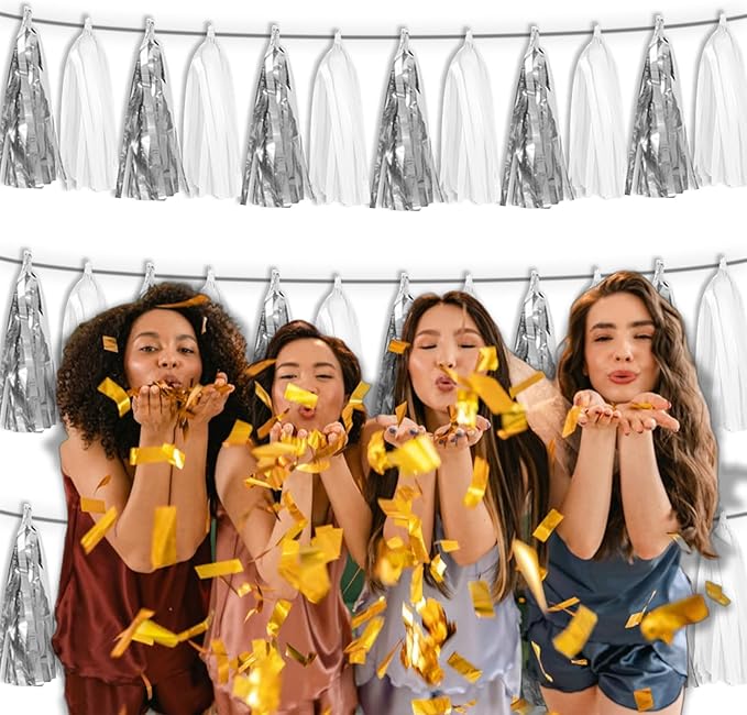 3P White Silver Metallic Fringe Tassel Banner Garland Foil Tinsel Streamer Wall - Image 6
