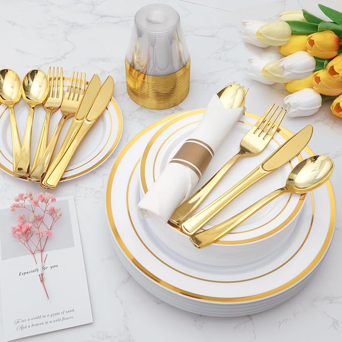 Goodluck 175 Piece Gold Plastic Dinnerware Set - Image 5
