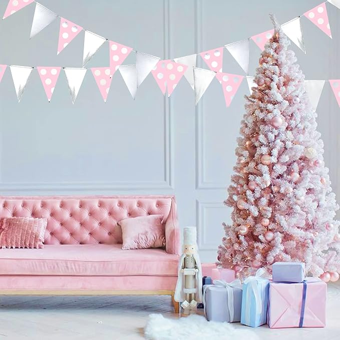 30 Ft Silver Pink Polka Dot Pennant Banner Blush Paper Circle Dot Triangle - Image 5