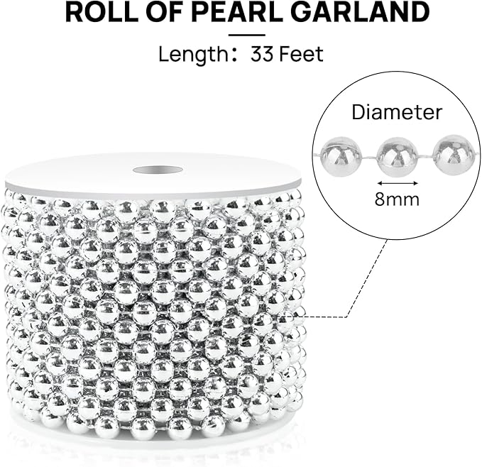 Craft String Pearls 8MM Pearl Bead, 33 Feet Silver Faux Pearl Garland Spool - Image 4
