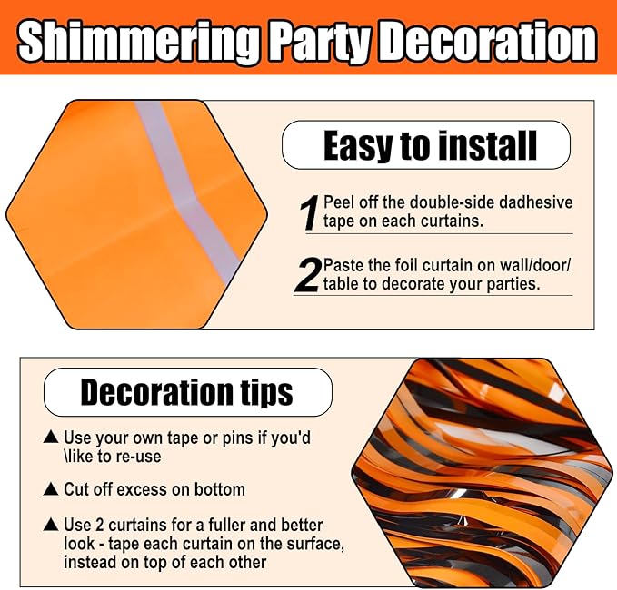 6 Pack Black Orange Foil Fringe Curtain Backdrop, 3.28Ft x 8.2Ft Metallic - Image 3