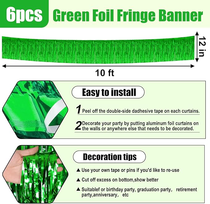 6 Pack 10 Feet Green Foil Fringe Garland Metallic Tinsel Streamers Banner Wall - Image 2