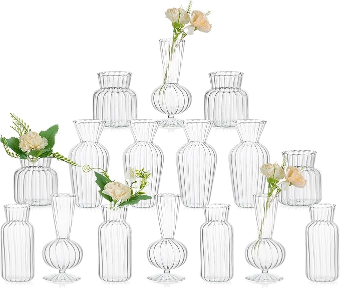 Modern Clear Glass Bud Vase Bulk Set: Glasseam 16Pcs Small Mini Flower by Glasseam
