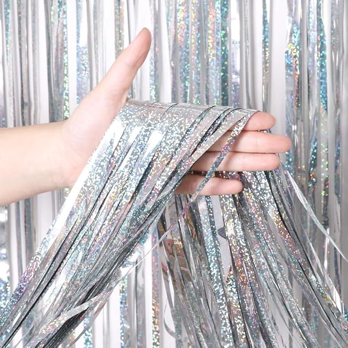 BTSD-home 4 Pack Laser Silver Foil Fringe Curtain Holographic, Metallic Photo - Image 3