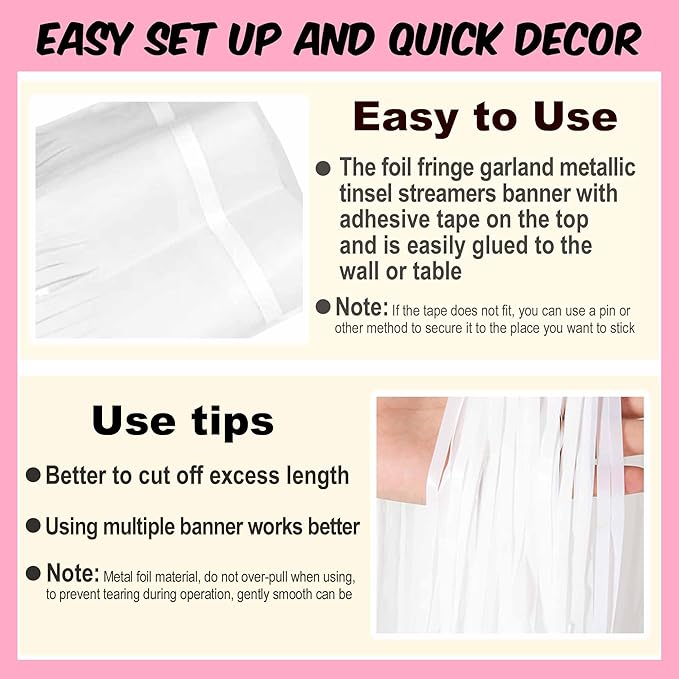 4 Pack 10 Ft Macaron White Foil Fringe Garland Metallic Streamers Tinsel Banner - Image 3