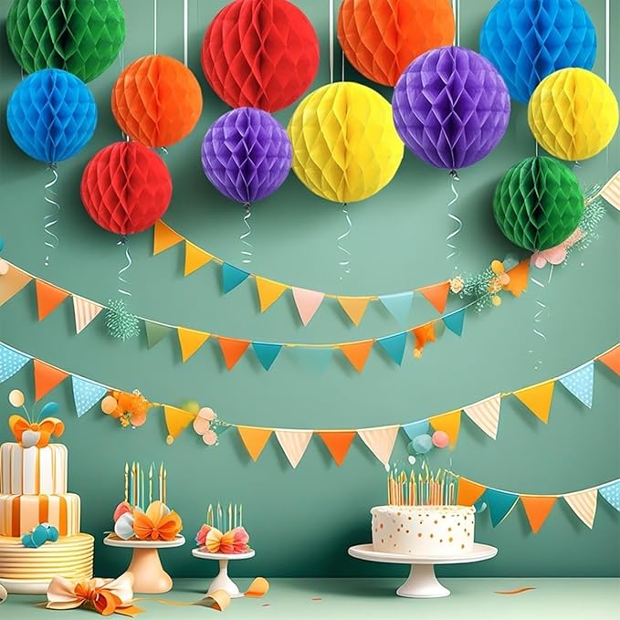 Rainbow Paper Honeycomb Balls, 12 Pack Colourful Hanging Tissue Pom Poms - Image 2