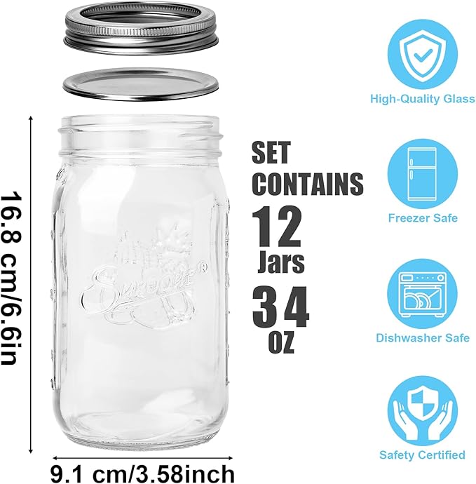 Mason Jars 32 oz Glass Canning Jars 12 Pack Wide Mouth Mason Jar - Image 2