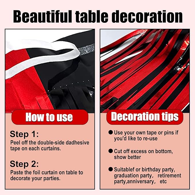 3 Pack 29 x108 Inch Black Red Foil Fringe Table Skirts Metallic Banner - Image 3