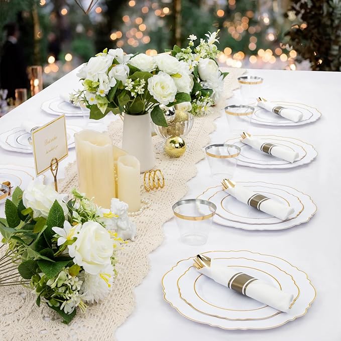 Liacere 350PCS Gold Plastic Plates-Disposable White and Gold Plates 50guest - Image 5
