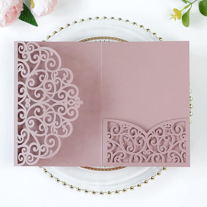 PONATIA 5.12 x 7.2 Dusty Rose Laser Cut Wedding Invitations, 5x7 Trifold Laser by ponatia