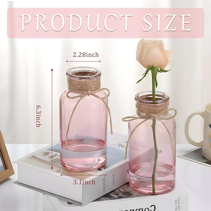 Pink Glass Flower Vases for Centerpieces Set of 12, Mason Jars Boho Cylinder - Image 4