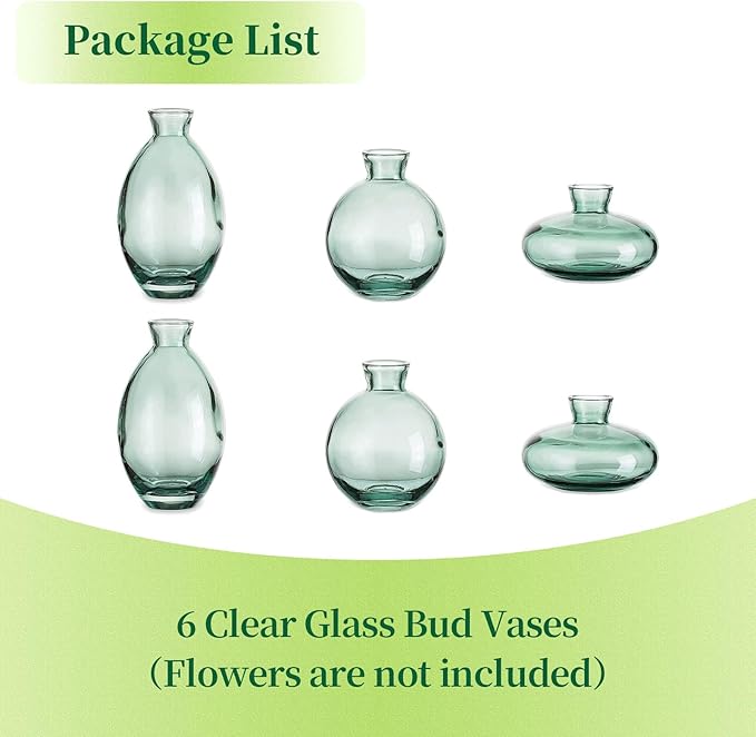Glass Bud Vases Set of 6, Hewory Cute Green Small Vases Handmade, Mini Glass - Image 6