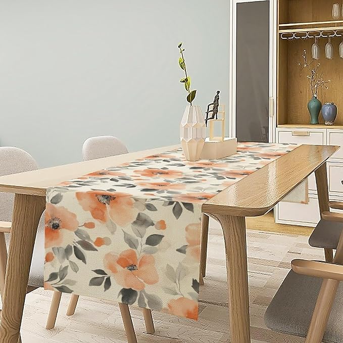 Floral Fall Table Runner, Rustic Watercolor Orange Flowers Seasonal Summer - Image 6