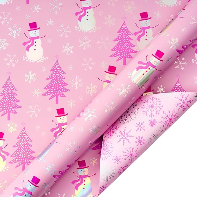 LeZakaa Christmas Pink Wrapping Paper Mini Roll, Snowman Christmas Tree & - Image 6