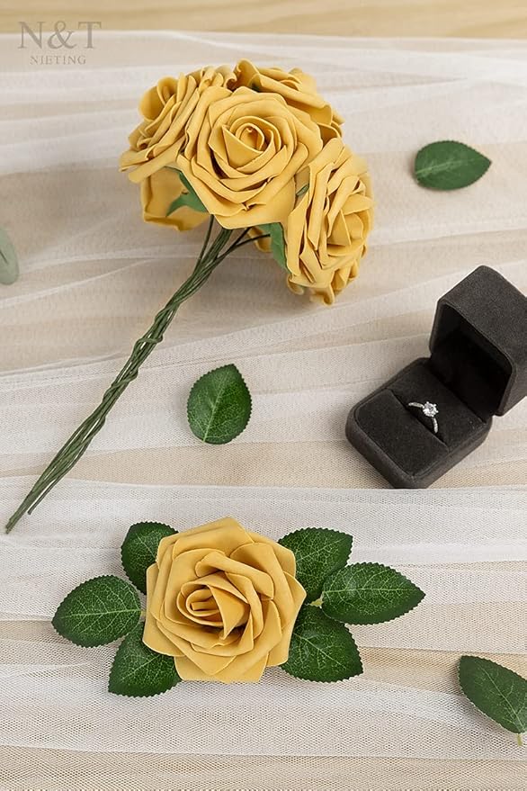 N&T NIETING Artificial Flowers 50pcs Real Looking Gold Yellow Foam Fake Roses - Image 8