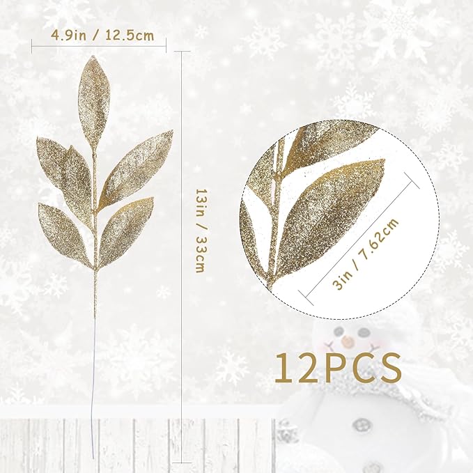 GREENTIME 12 Pack Artificial Light Golden Glitter Leaves 13" Fake Christmas - Image 3