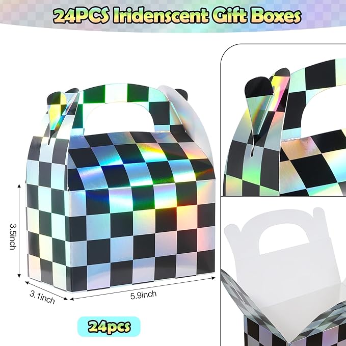 24 Pcs Iridescent Checkered Race Car Party Favor Gable Boxes, Paper Black and - Image 2