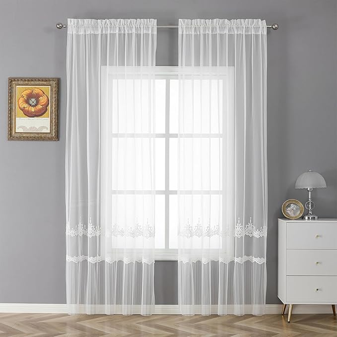 VISIONTEX White Sheer Voile Curtains, Decorative White Embossed European Rod - Image 2