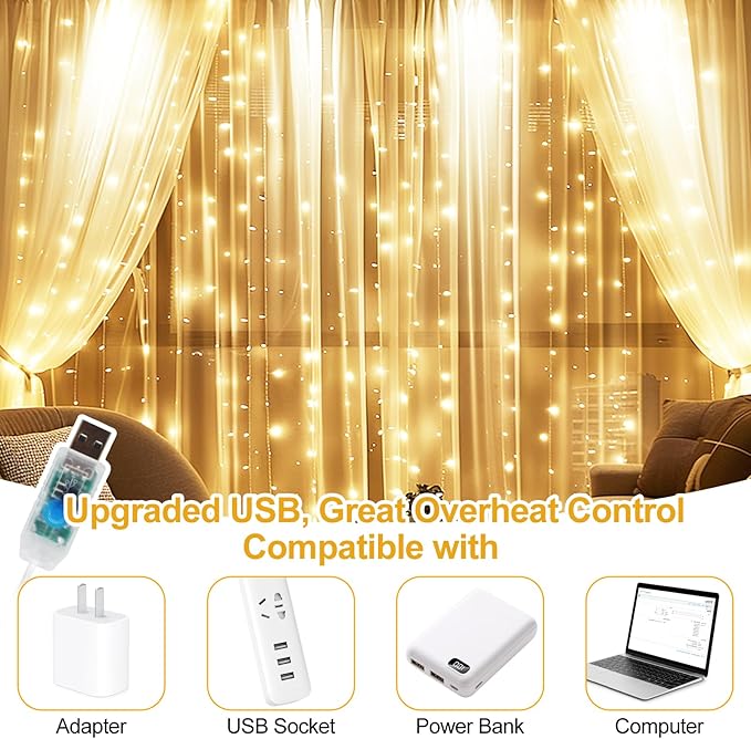 Fairy Curtain Lights Upgraded Tangle-Free Warm White USB Plug in 8 Modes String - Image 6