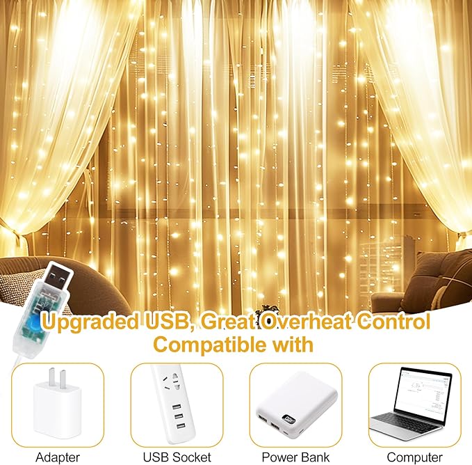 Fairy Curtain Lights Upgraded Tangle-Free Warm White USB Plug in 8 Modes String - Image 6