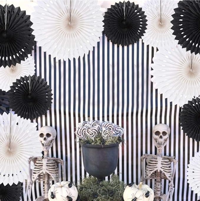 Cheerland Black White Party Decorations Hanging Paper Fans Garland Kit Gothic - Image 6