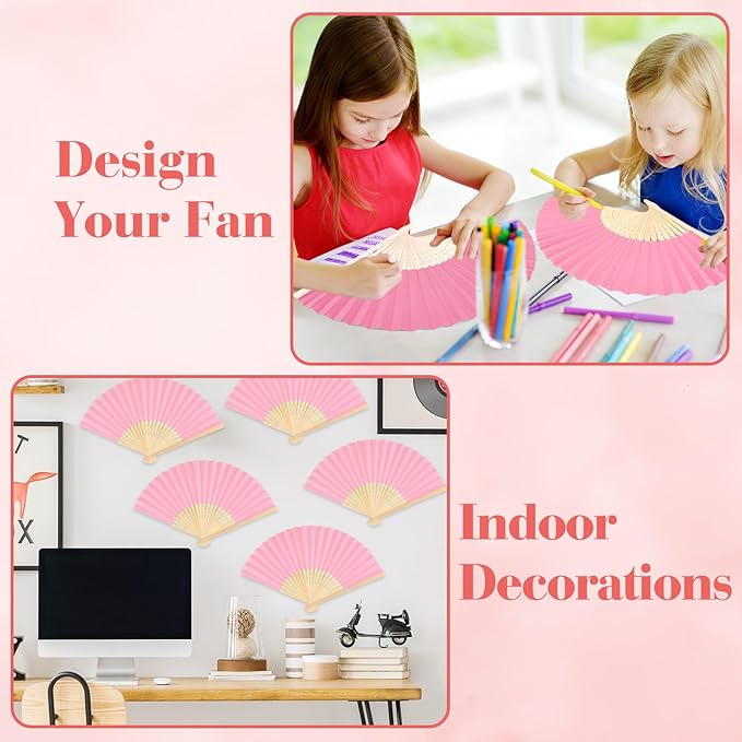 12 Pieces Pink Hand Held Bamboo Folding Fans Paper Fans Handheld - Image 4