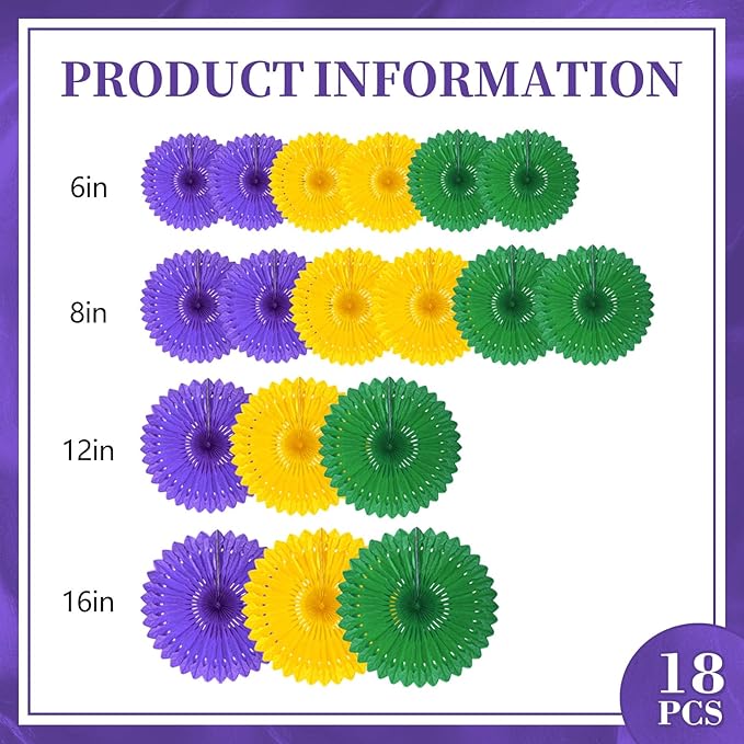 18 Pcs Mardi Gras Hanging Paper Fan, Hanging Honeycomb Round Paper Fans - Image 2