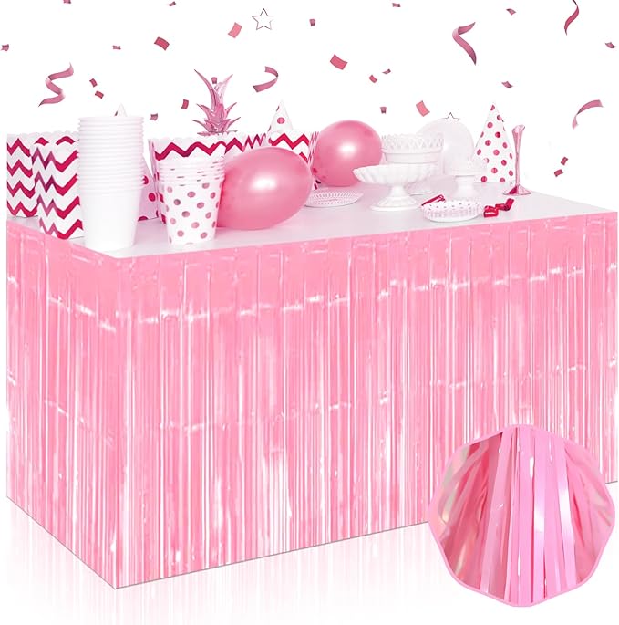 3 Pack 29 x108 Inch Macaron Pink Foil Fringe Table Skirts Metallic Banner by Mebiornt