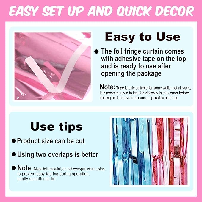 6 Pack Pink Blue Foil Fringe Curtains Backdrop, 3.28 x 8.2 Ft Metallic - Image 3