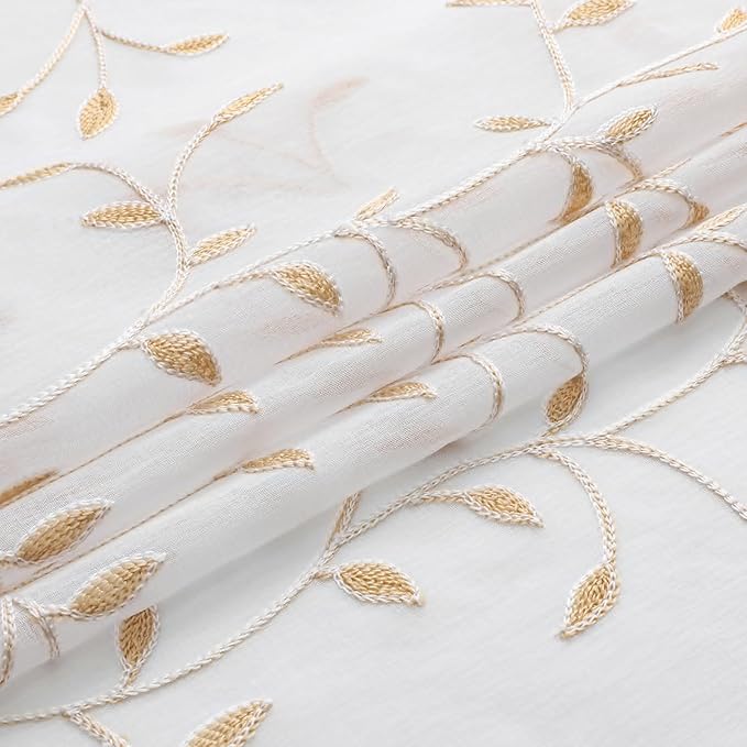 VISIONTEX White Sheer Voile Curtains, Decorative Orange Leaves Embroidery Faux - Image 4