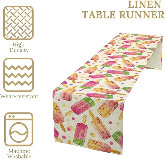 Ice Cream Popsicles Table Runner, Watercolor Summer Seasonal Fruit Peach Kiwi - Image 4