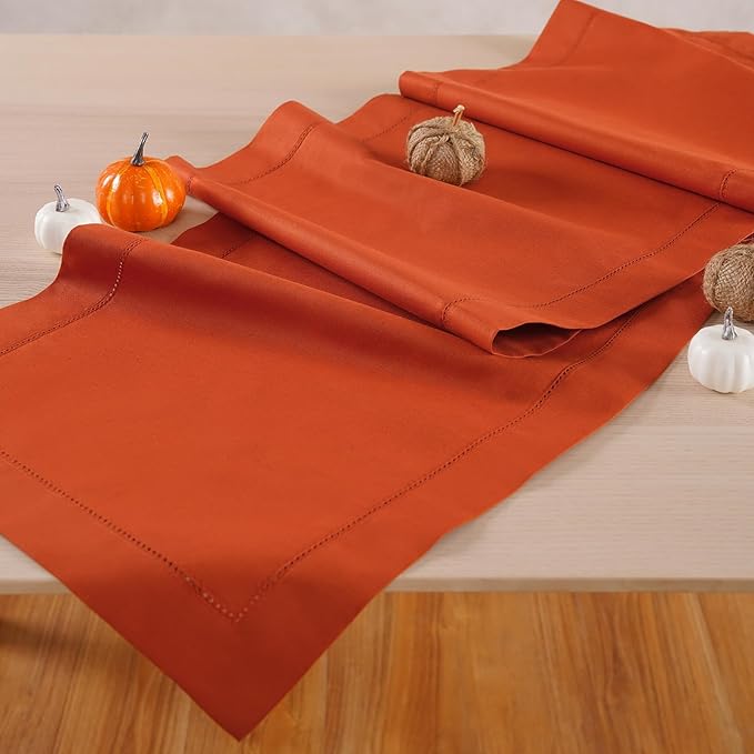 Pumpkin Table Runner 120 Inch–Cotton Linen Hemstitch Farmhouse Table Runner - Image 2