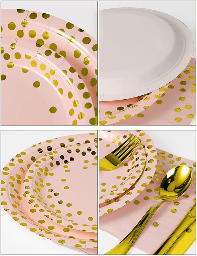141 Pieces Pink Gold Party Supplies, Party Dinnerware Sets Include Paper Plates - Image 2