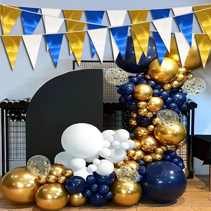130FT Navy-Blue White Gold Triangle Pennant Banner Flag Metallic Fabric Bunting - Image 4