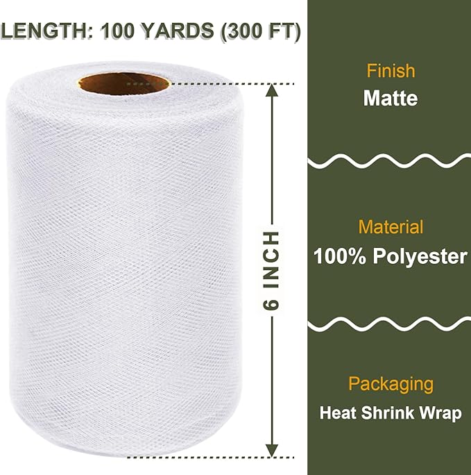 White Tulle Fabric Roll 6 Inch X 300 FT Matte Tulle Ribbon Netting Mesh Spool - Image 2