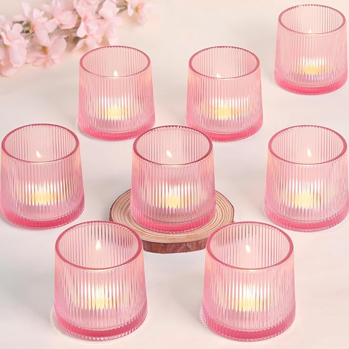 Pink Ribbed Tealight Votive Candle Holders Set of 10- Votive Candle Holders by DARJEN