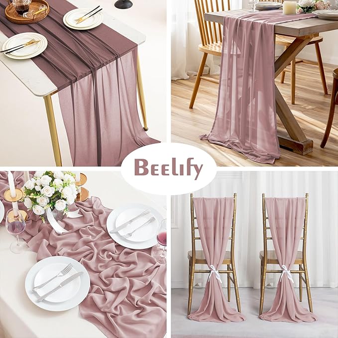 2 Pack 10 Ft Chiffon Table Runner Dusty Rose Gauze Long Table Runners 27x120 - Image 3