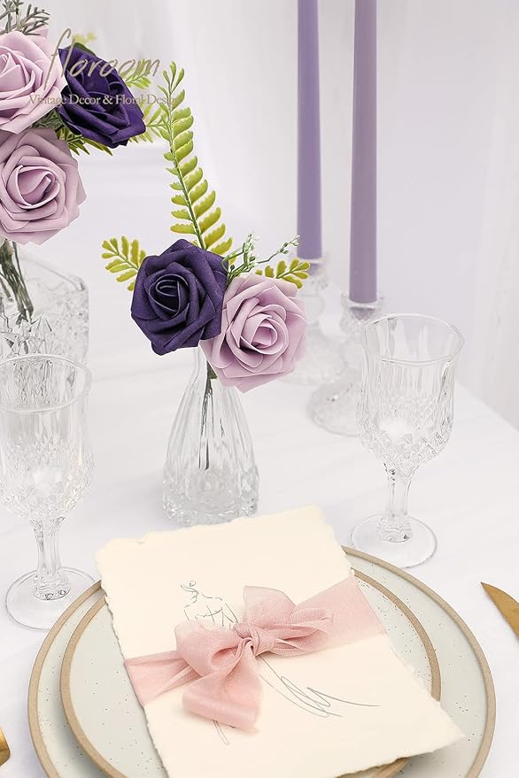 Floroom Artificial Flowers 25pcs Real Looking Lilac & Purple Foam Fake Roses - Image 3