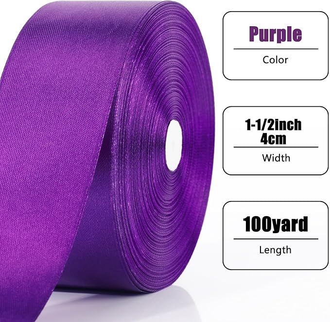 NESCCI 100 Yards Ribbon, 1-1/2 Inch Purple Satin Ribbon, Single Face Satin - Image 2