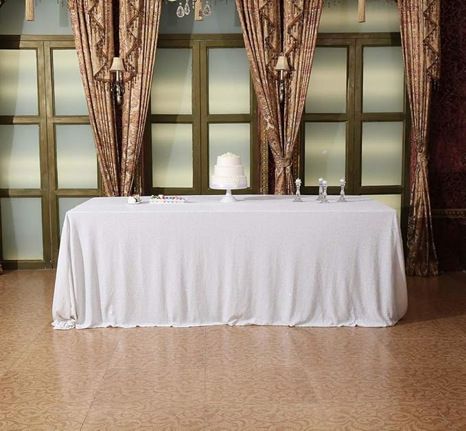 SquarePie Sequin Tablecloth 90 x 132 Inch White Sparkly Table Cloth - Image 3