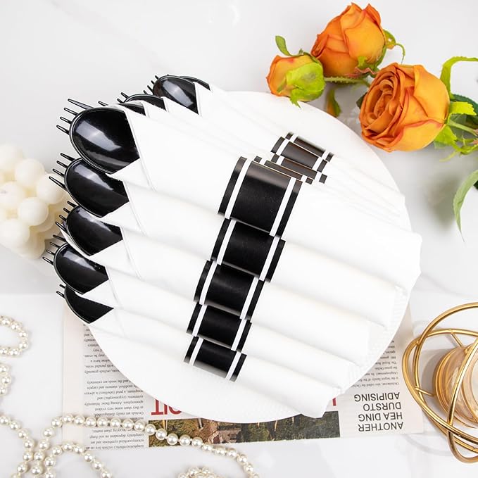 Supernal 60 Pack Hevy Duty Rolled Black Plastic Silverware, Pre Wrapped Cutlery - Image 8