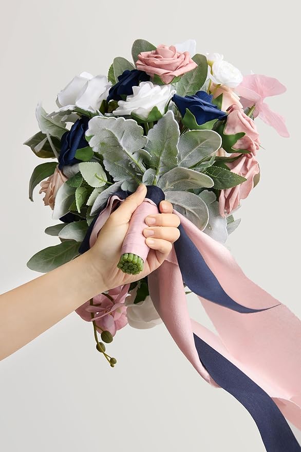 Ling's moment Pink Blue Bridal Bouquet Cascading, Dusty Rose Navy Wedding - Image 2