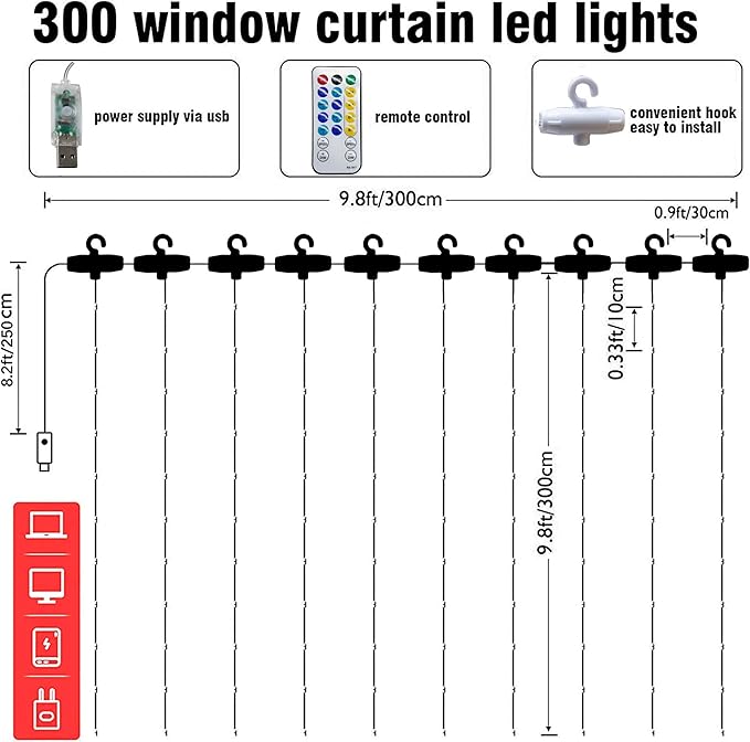 Dazzle Bright Curtain String Lights, 300 LED 9.8ft x 9.8ft 8 Lighting Modes - Image 2