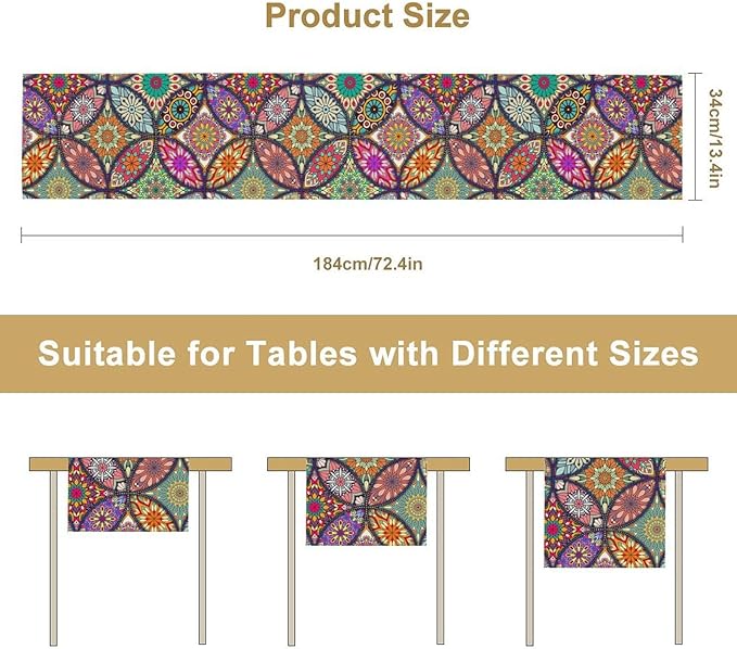 Boho Floral Table Runner, Colorful Flower Retro Bohemian Table Cloth Kitchen - Image 7