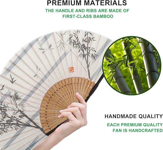 Amajiji 8.27" Hand Held Bamboo Silk Folding Fan Hand Fan, Chinese/Japanese - Image 3