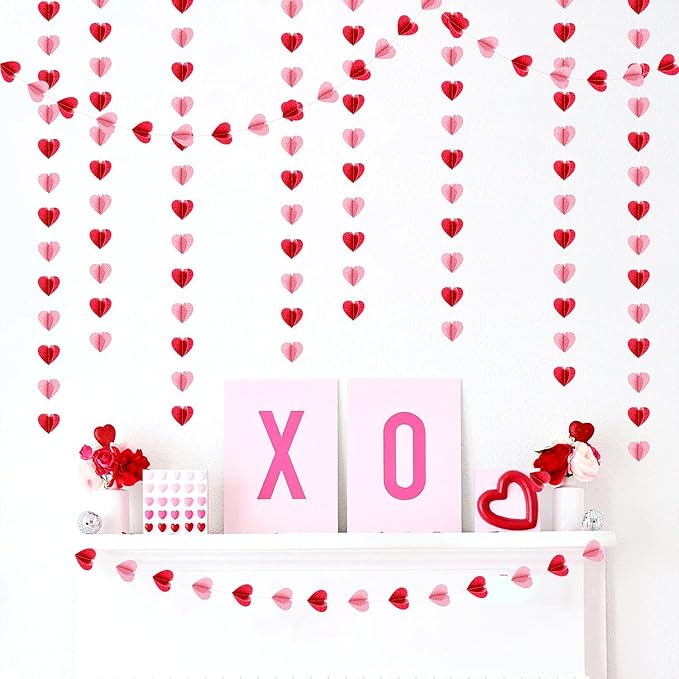 Red Pink Party-Decorations 3D-Heart Garland - 40ft Galentines Streamers Paper - Image 4