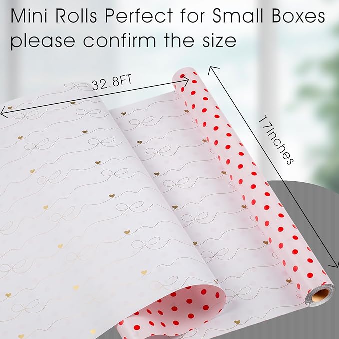 Flyhill Red Polka Dot Wrapping Paper, Reversible Pink Gold Elegant Bow & Heart - Image 3